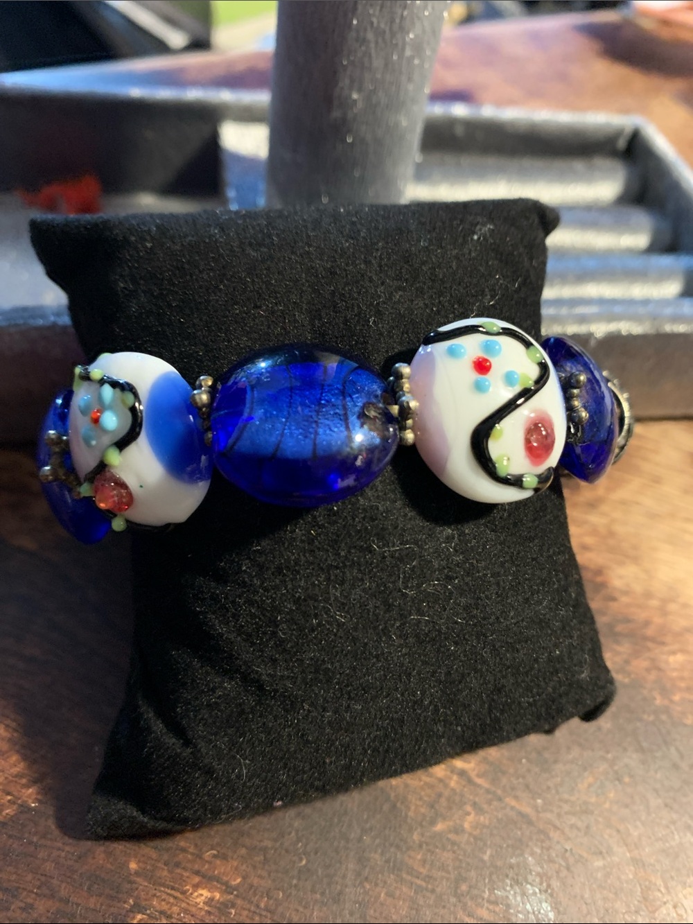 Artisan Blue and White Lampwork Bead Stretch Bracelet - Elegant  Jewelry